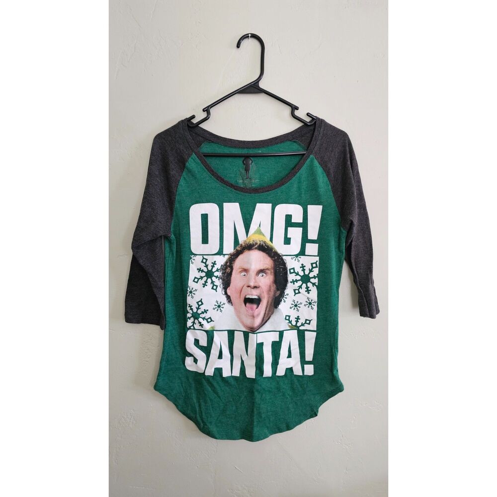 ELF Christmas Graphic Raglan Baseball Tee Juniors Size L (11/13) OMG Santa Green - Picture 1 of 3